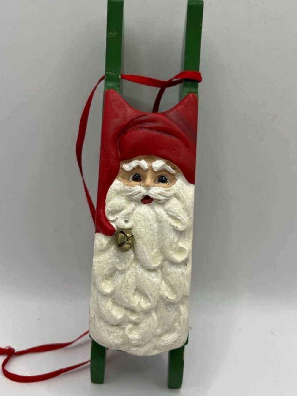 Kurt Adler Santa Head on Wood Sled Christmas Ornament Hand Carved Painted 7"